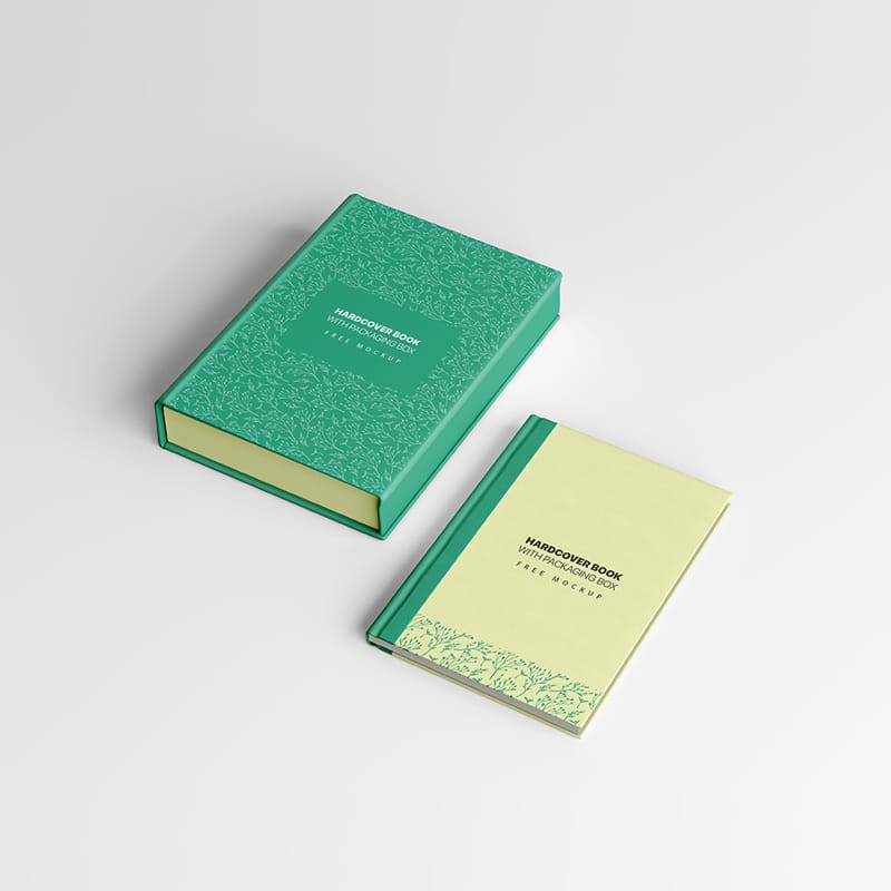 Hardcover Book with Packaging Box Mockup PSD
