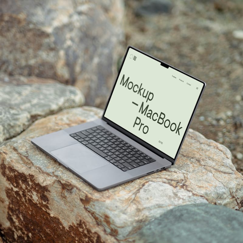 MacBook Pro on Rock Mockup PSD