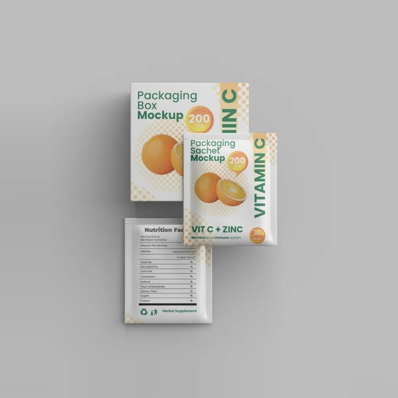 Packaging Box and Sachet Mockup PSD