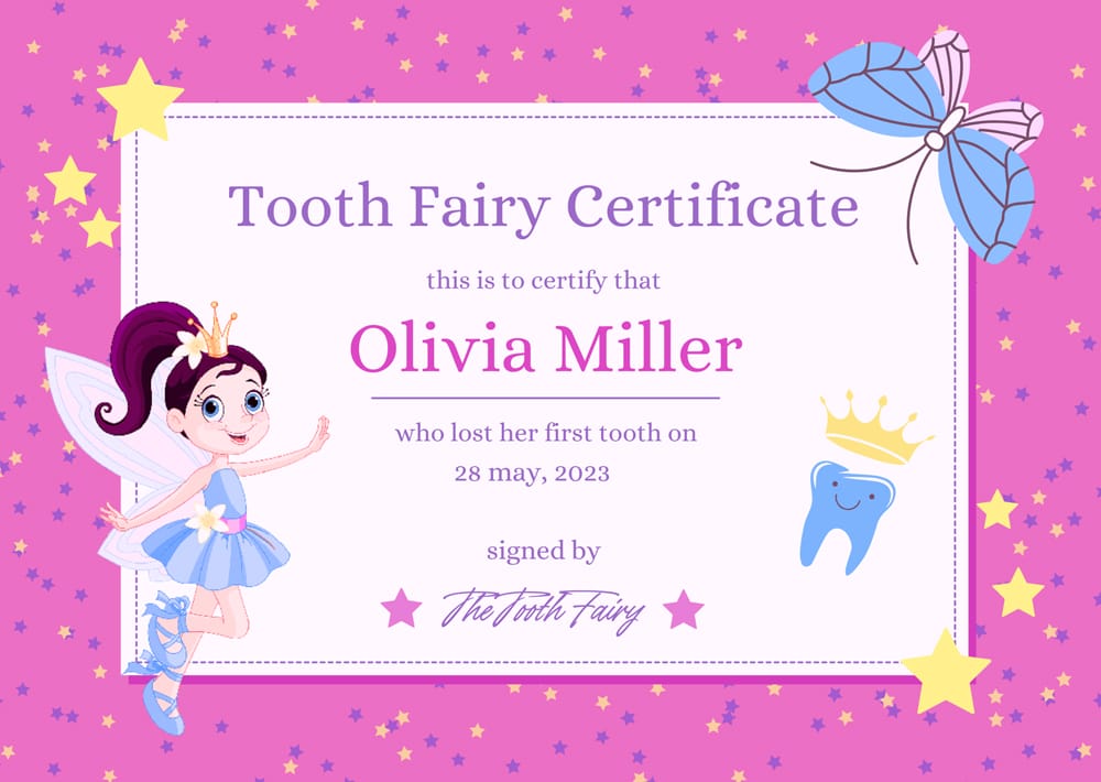 Pink Tooth Fairy Certificate Template