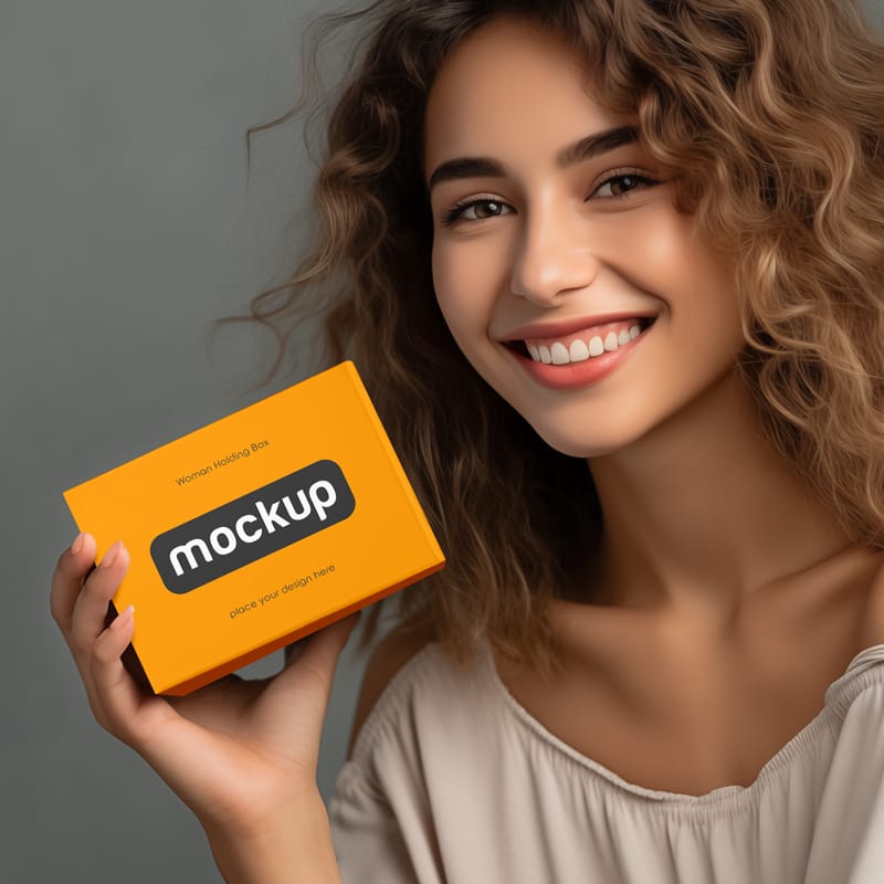 Woman Holding Box Mockup PSD