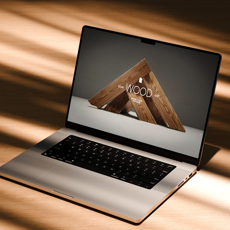 Wood Macbook Pro 16 Mockup PSD