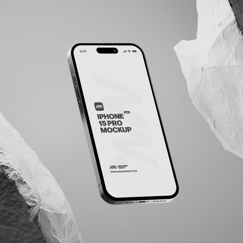 iPhone 15 Pro Mockup With White Rock PSD