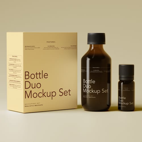 Amber Two Bottle Mockup Set with a Large Box PSD