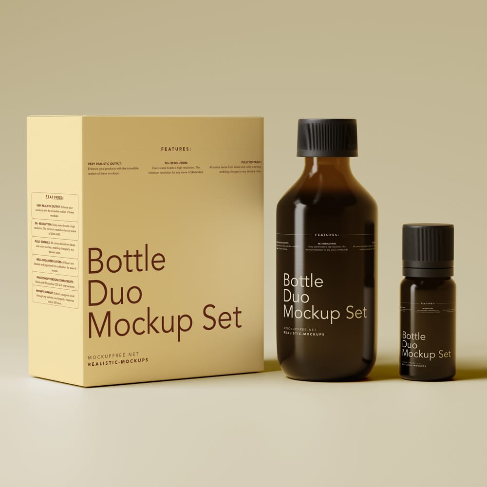 Free Amber Two Bottle Mockup Set with a Large Box PSD