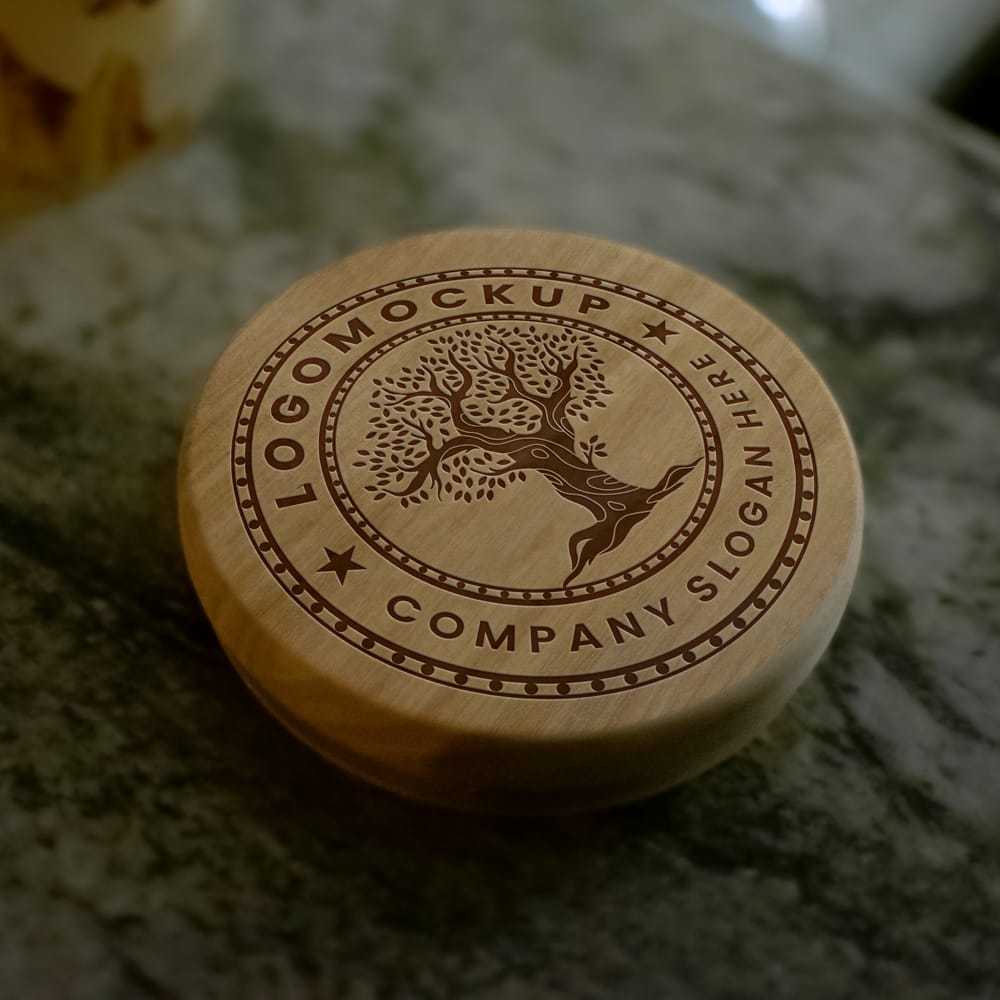 Free Brown Wooden Coaster Logo Mockup PSD+
