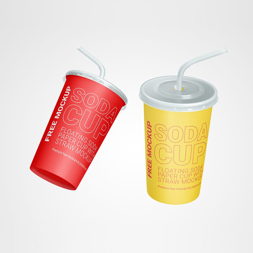 Free Floating Soda Paper Cup with Straw Mockup PSD