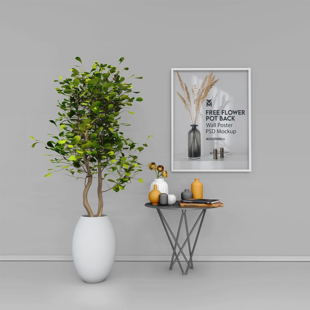 Free Flower Pot Back Wall Poster Mockup PSD
