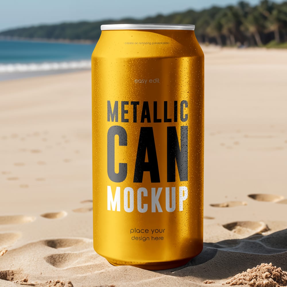 Free Metallic Can On The Beach Mockup PSD