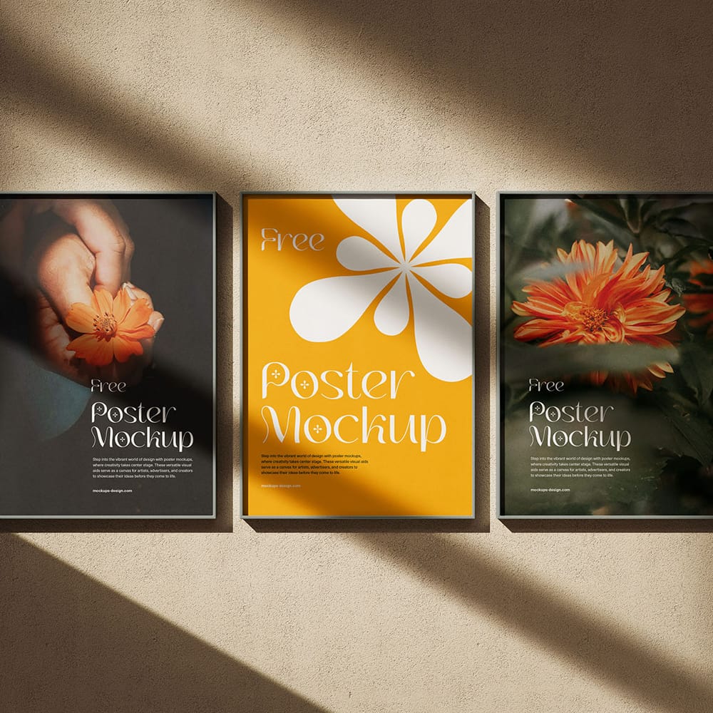 Free Thin Poster Frames on The Wall Mockup PSD