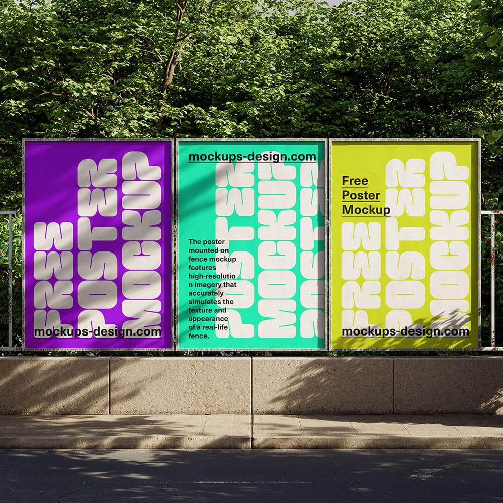 Free Three Posters on Fence Mockup PSD