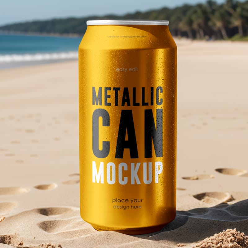 Metallic Can On The Beach Mockup PSD
