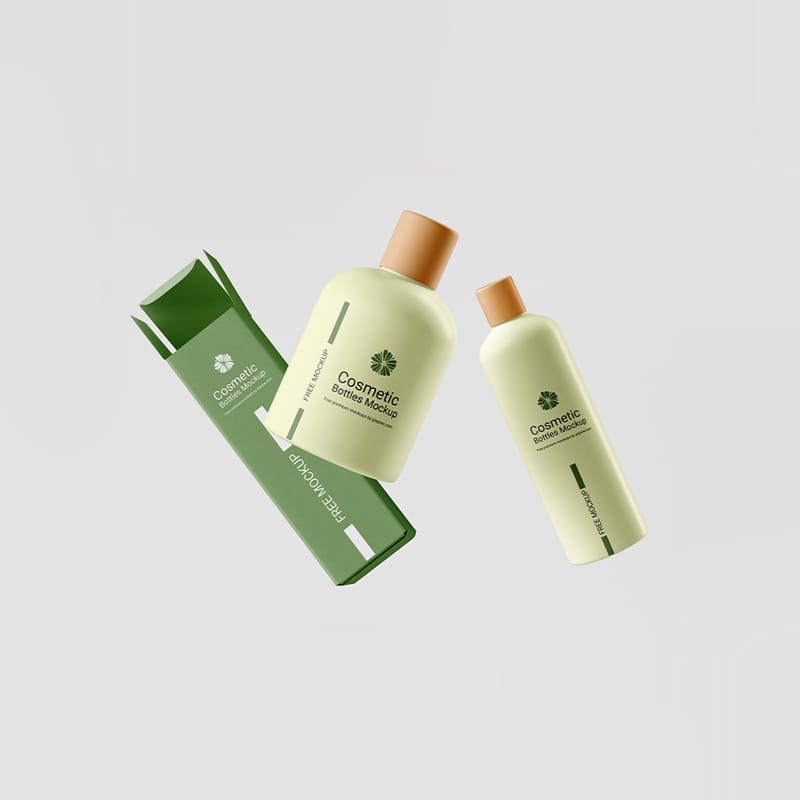 Floating Cosmetic Bottles with Box Mockup PSD