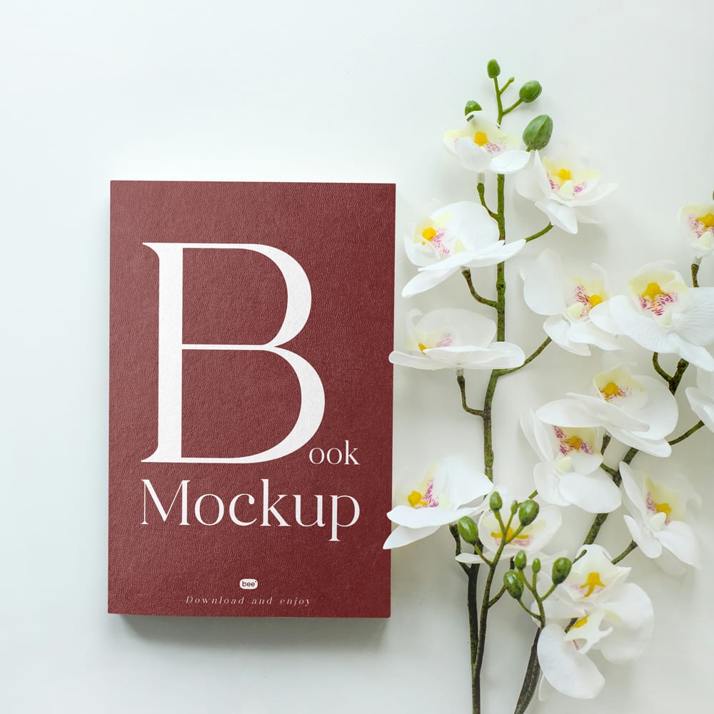 Free Book Cover with Flower Mockup PSD