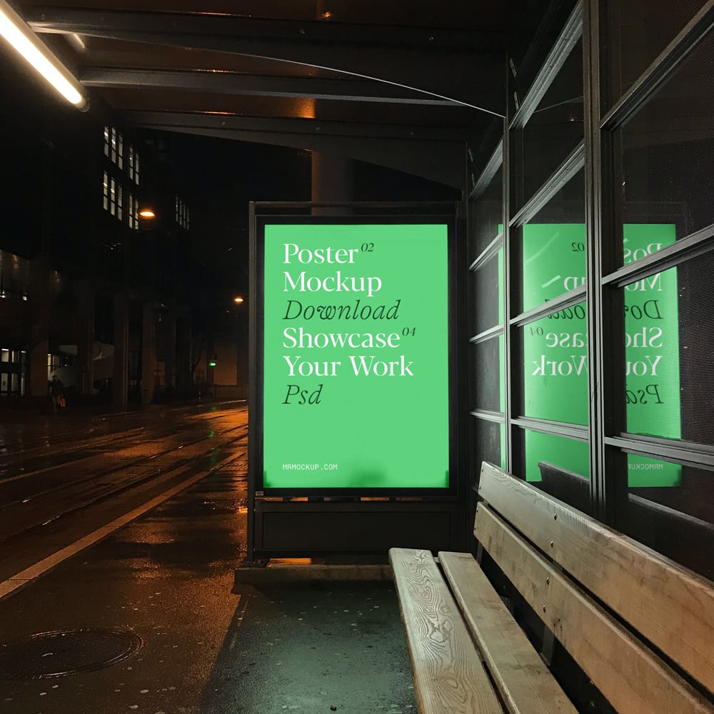 Free Bus Stop Poster at Night Mockup PSD