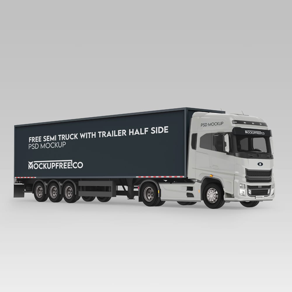 Free Semi Truck With Trailer Half Side Mockup PSD