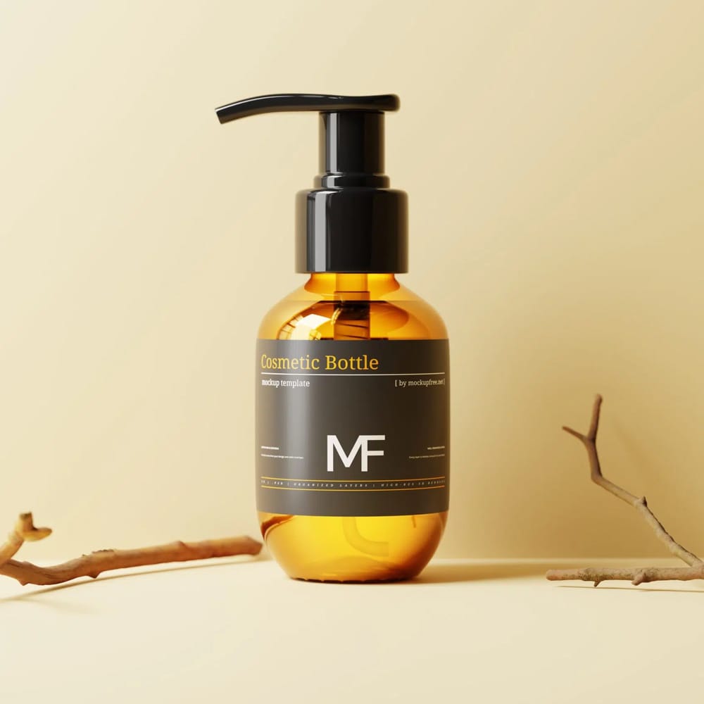 Free Small Amber Glass Cosmetic Pump Bottle Mockups PSD