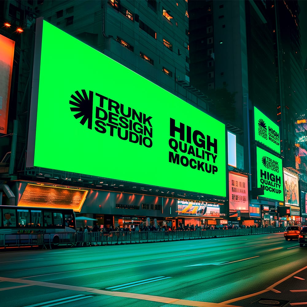 Free Urban Nightscape with Illuminated Billboard Mockup PSD