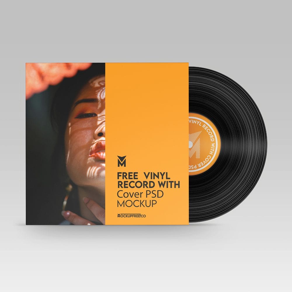 Free Vinyl Record With Cover Mockup PSD