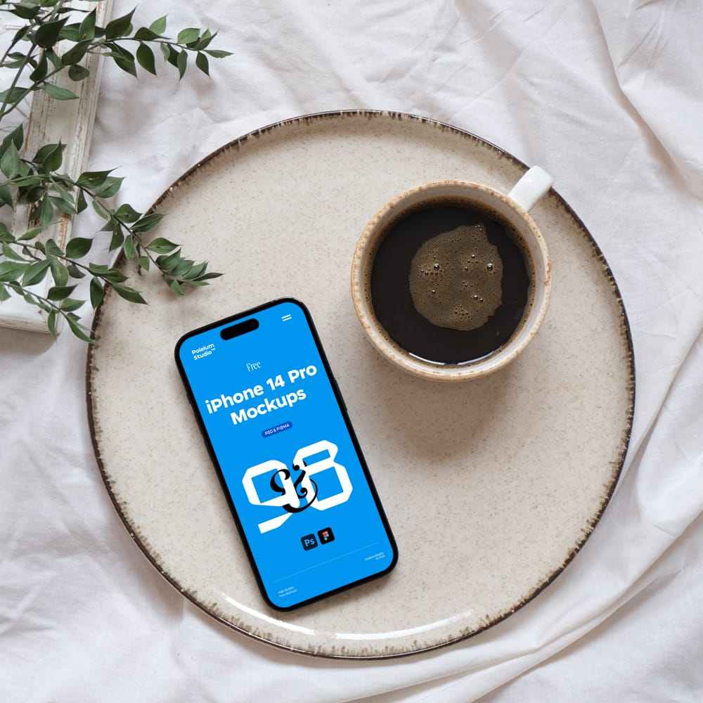 Free iPhone 14 Pro Laying On Tray Mockup PSD