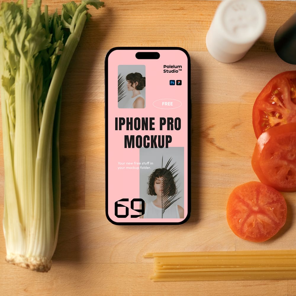 Free iPhone 14 Pro On Desk Mockup PSD