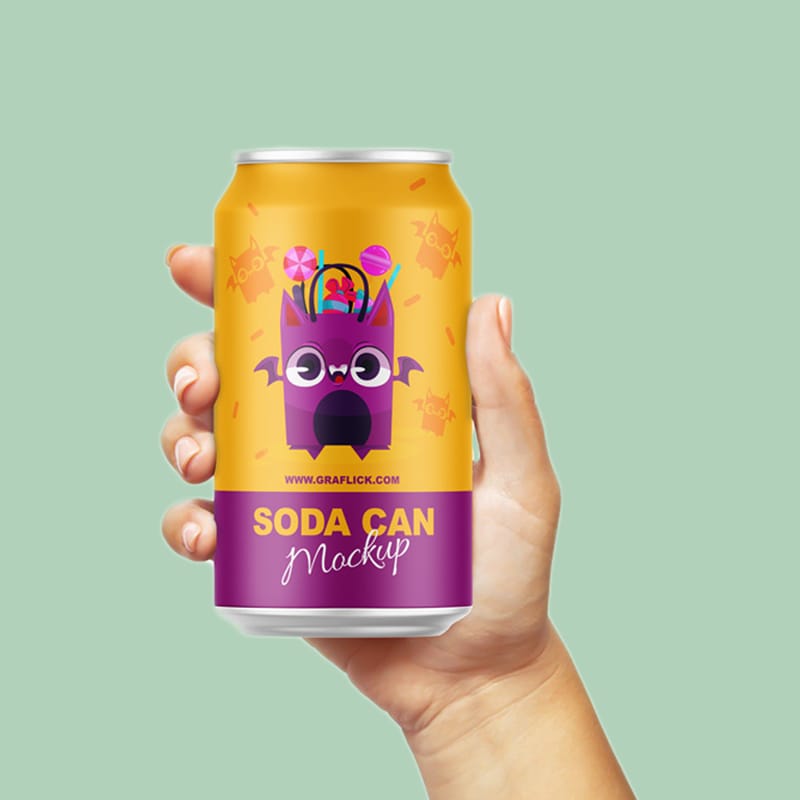 Soda Can in Hand Mockup PSD