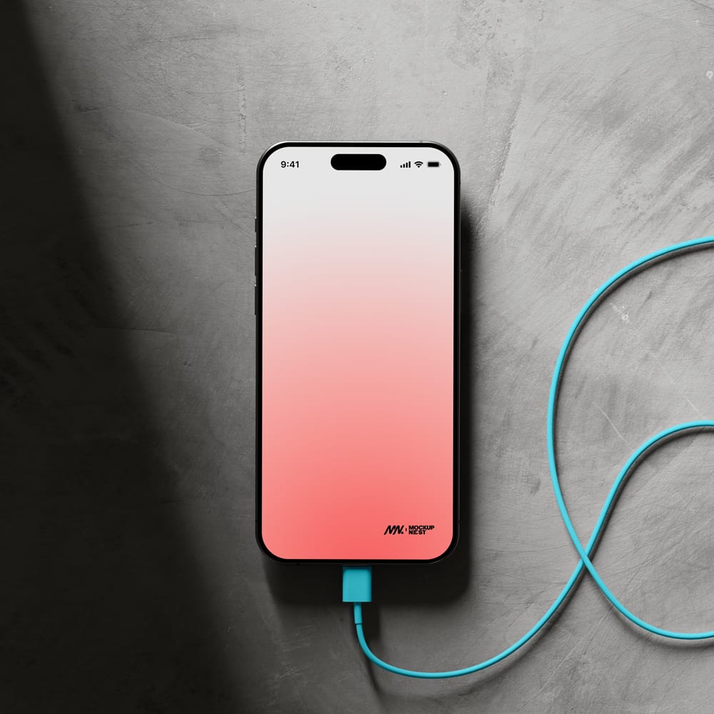 Free iPhone 15 Pro Mockup With Cable PSD
