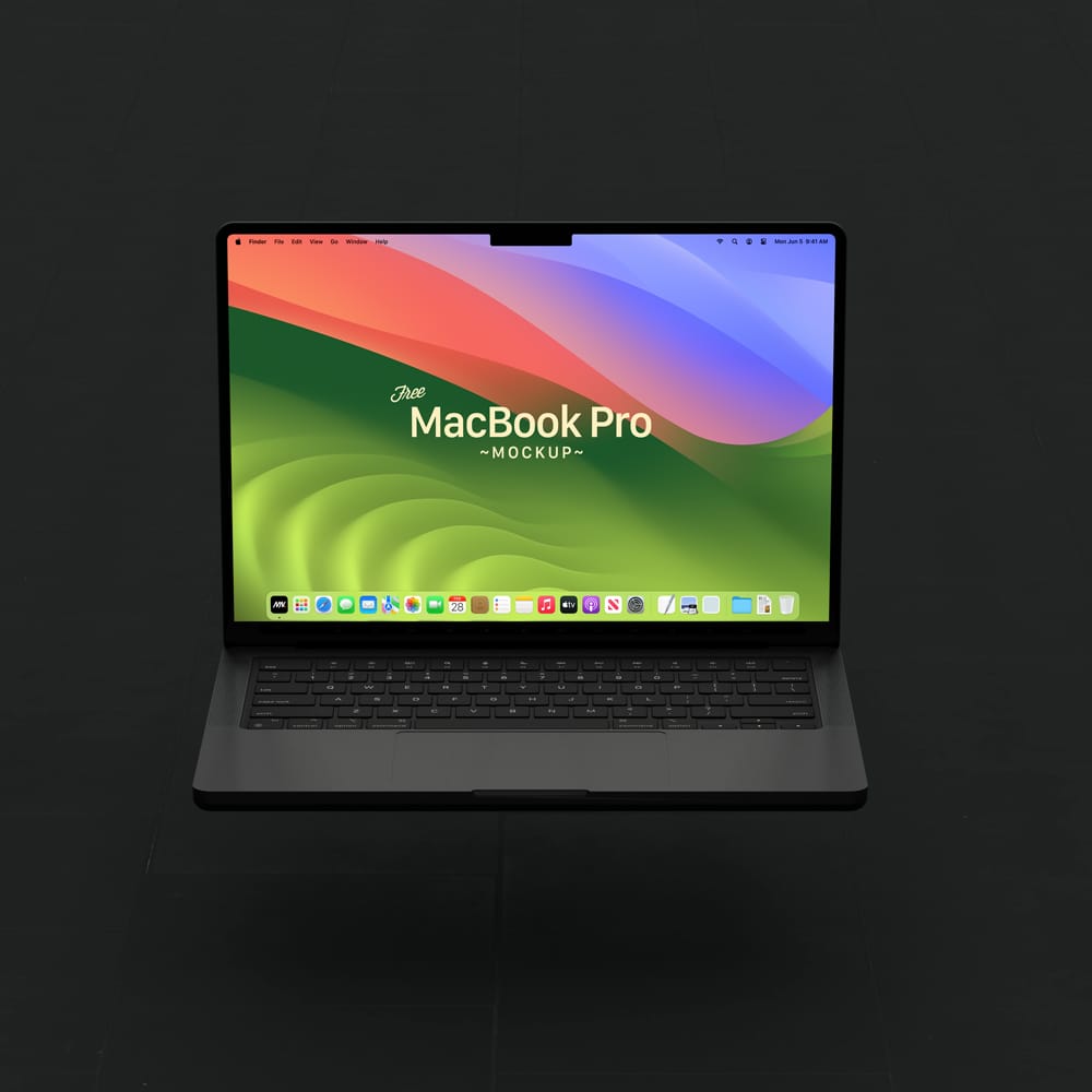 Free Floating Dark MacBook Mockup PSD