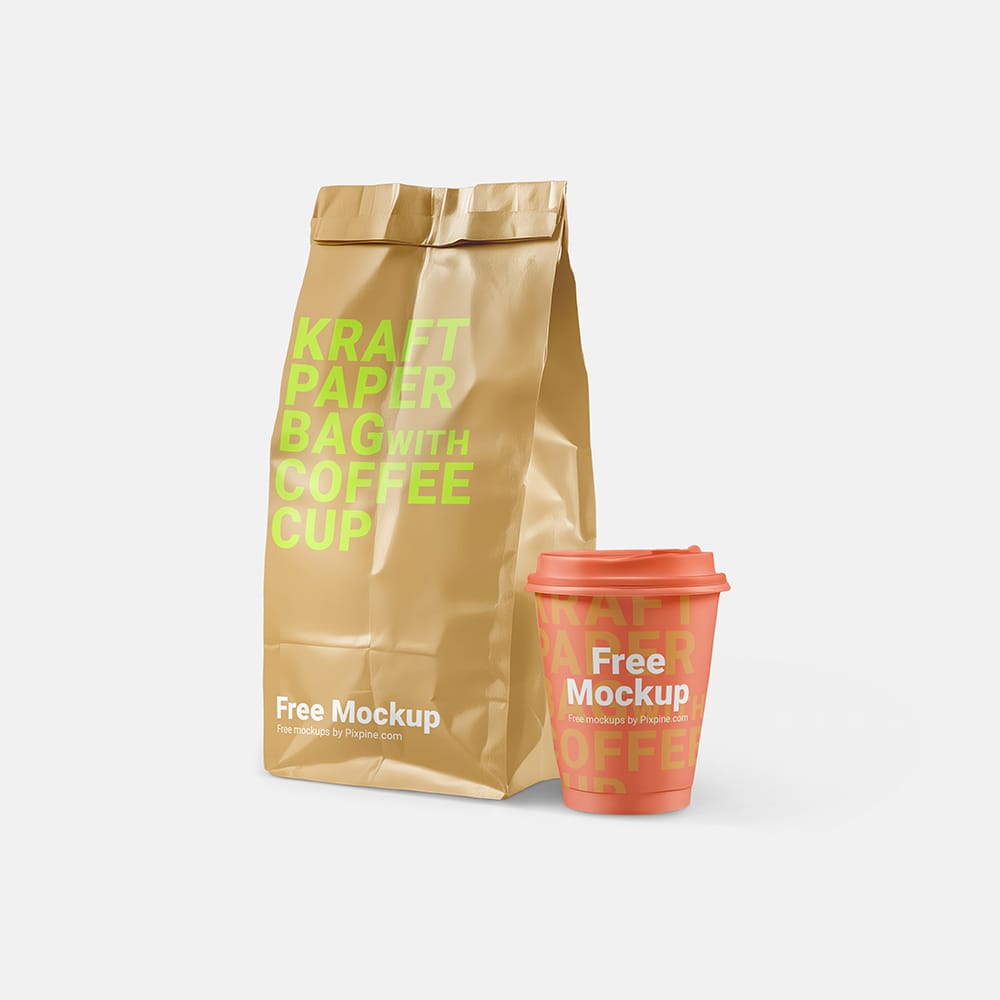 Free Kraft Paper Bag with Coffee Cup Mockup PSD