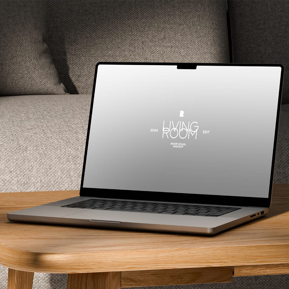 Free Macbook Pro 16 Living Room Mockup PSD