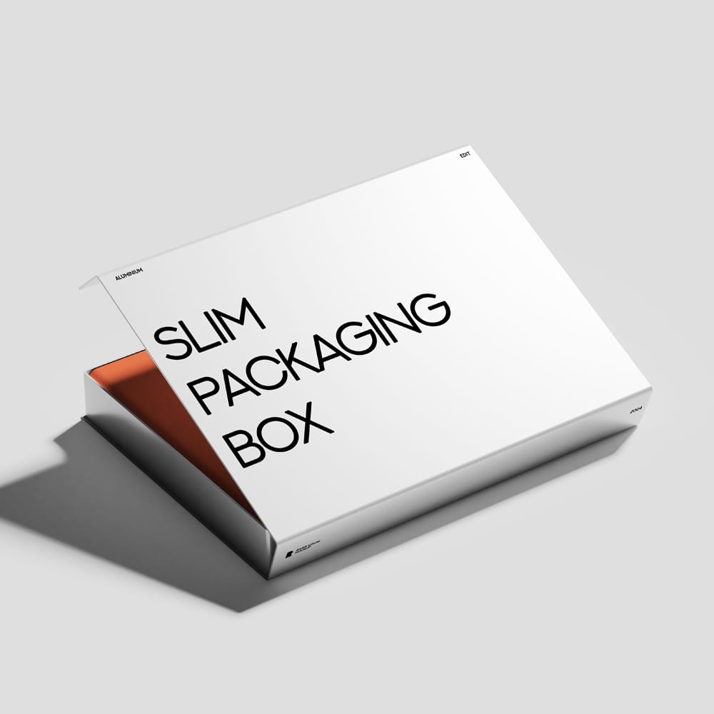 Free Slim Packaging Box Aluminium Finish Mockup PSD