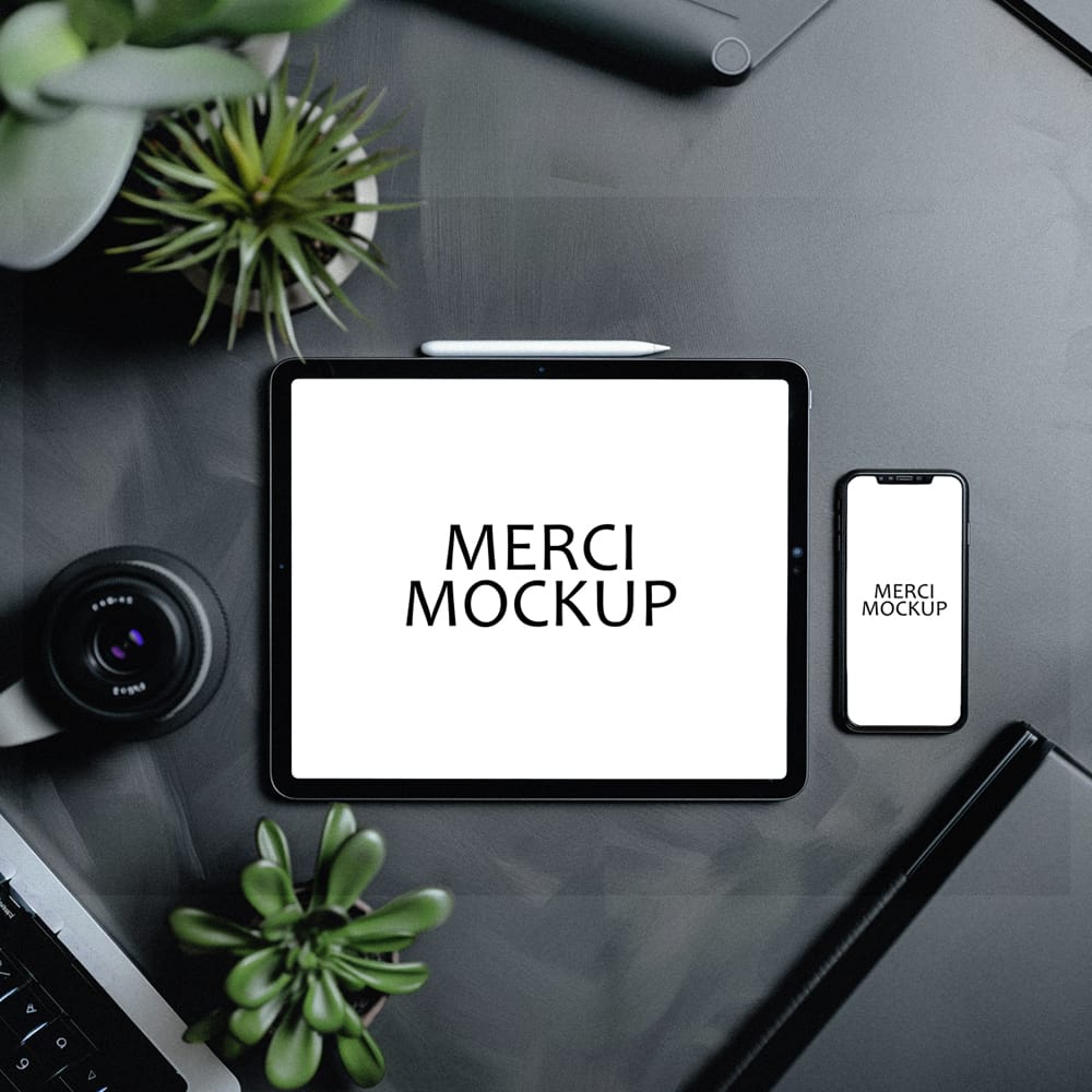 Free iPad and iPhone on Desk Mockup PSD