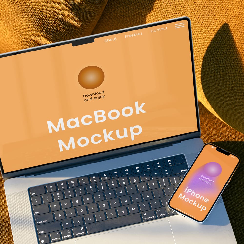 Free iPhone on MacBook Mockup PSD