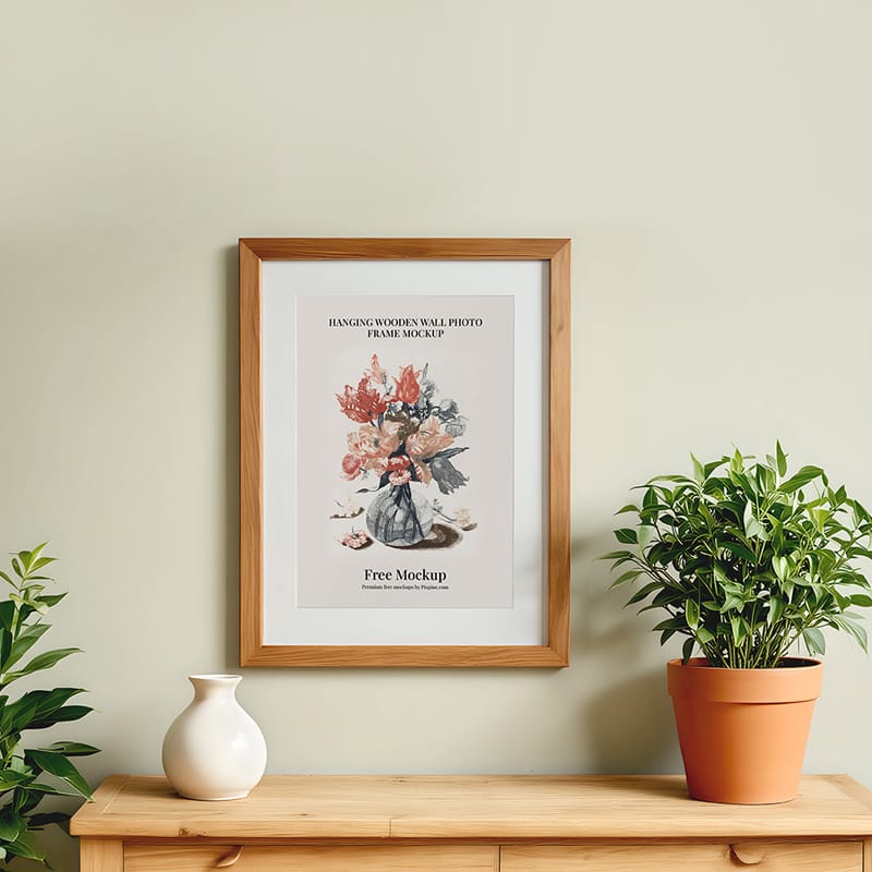 Hanging Wooden Wall Photo Frame Mockup PSD