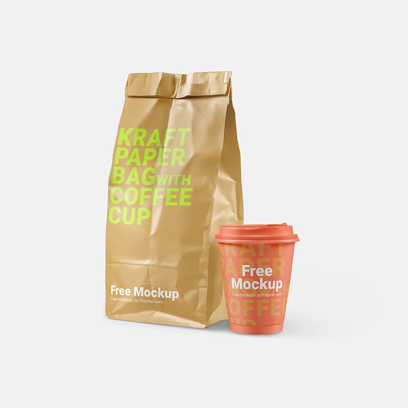 Kraft Paper Bag with Coffee Cup Mockup PSD