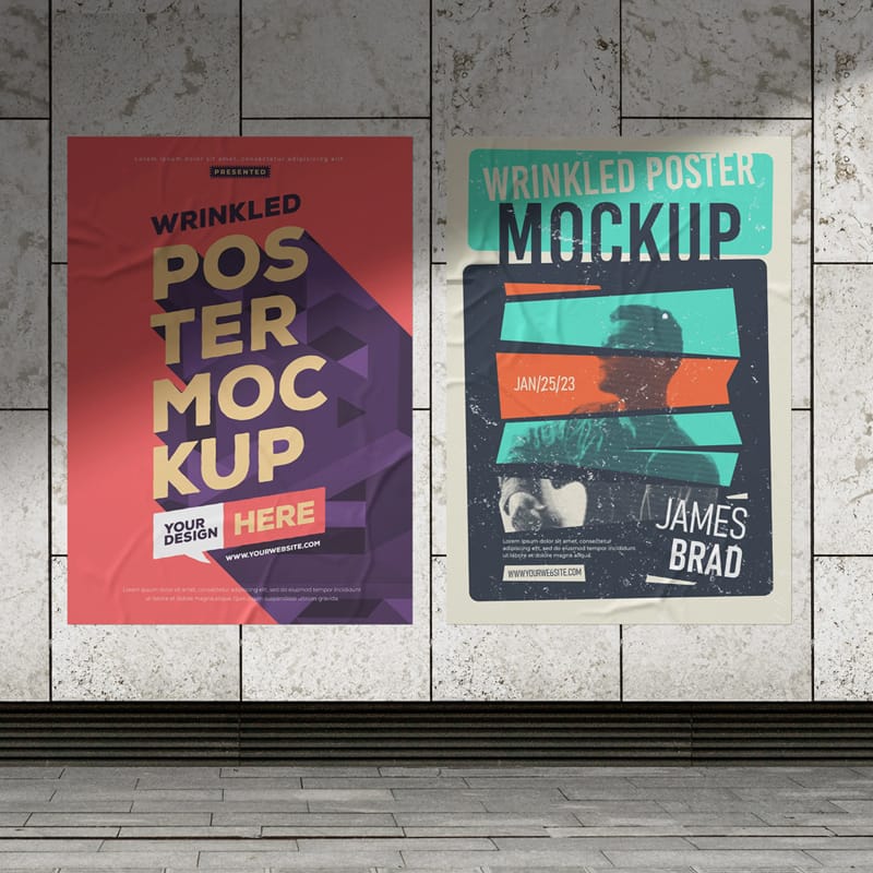 Photo Realistic Wrinkled Poster Mockup PSD