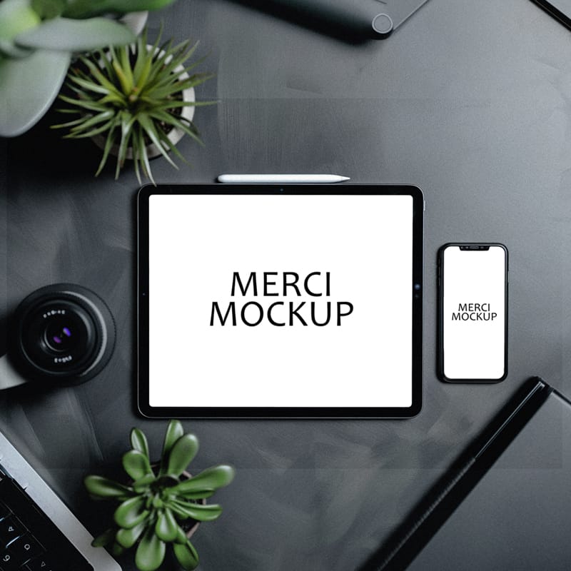 iPad and iPhone on Desk Mockup PSD