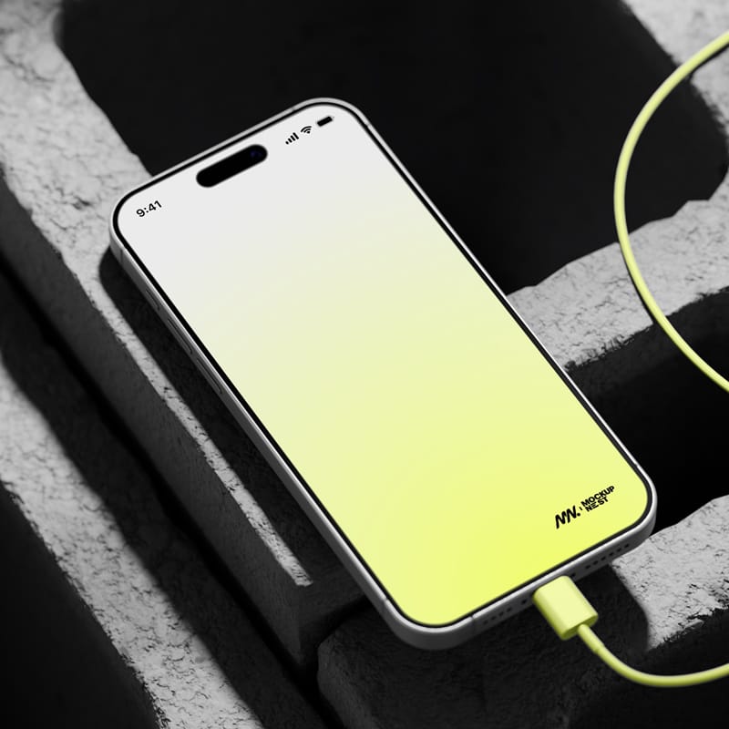 iPhone 15 Pro Mockup On Bricks PSD