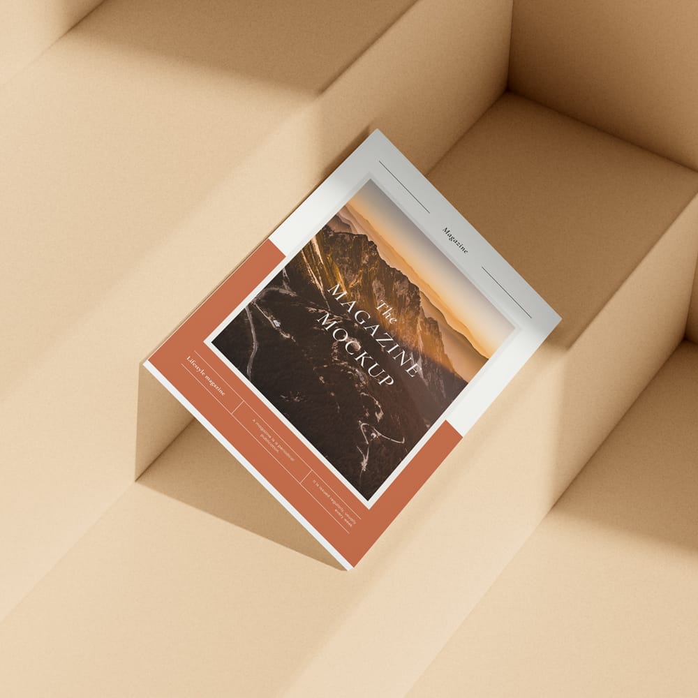 Free A4 Magazine on a Stair Step Mockup PSD