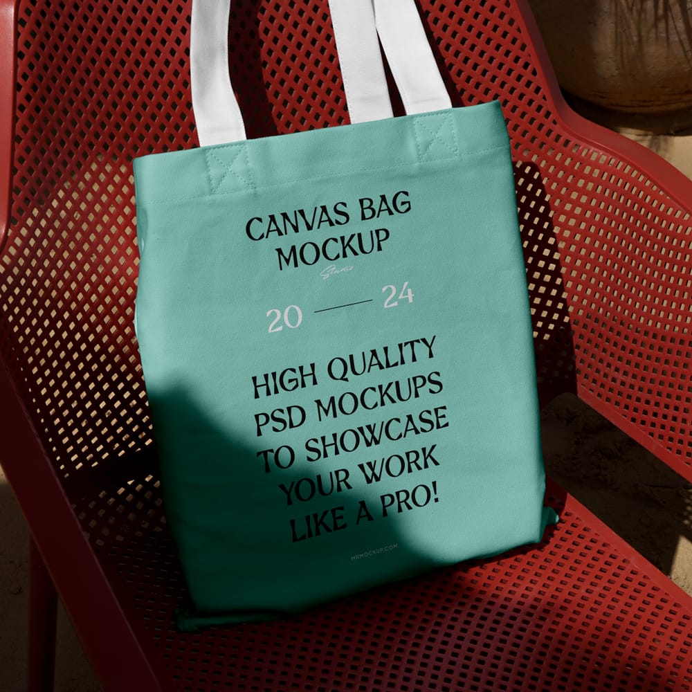 Free Canvas Bag on Plastic Chair Mockup PSD