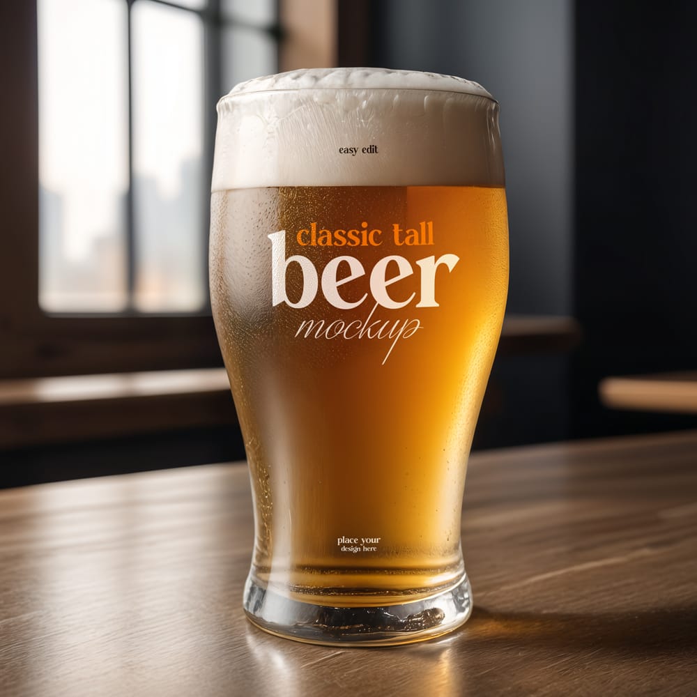 Free Classic Tall Beer Pint Glass Mockup PSD