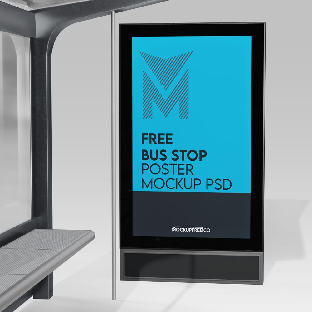 Free Realistic Bus Stop Poster Mockup Template PSD