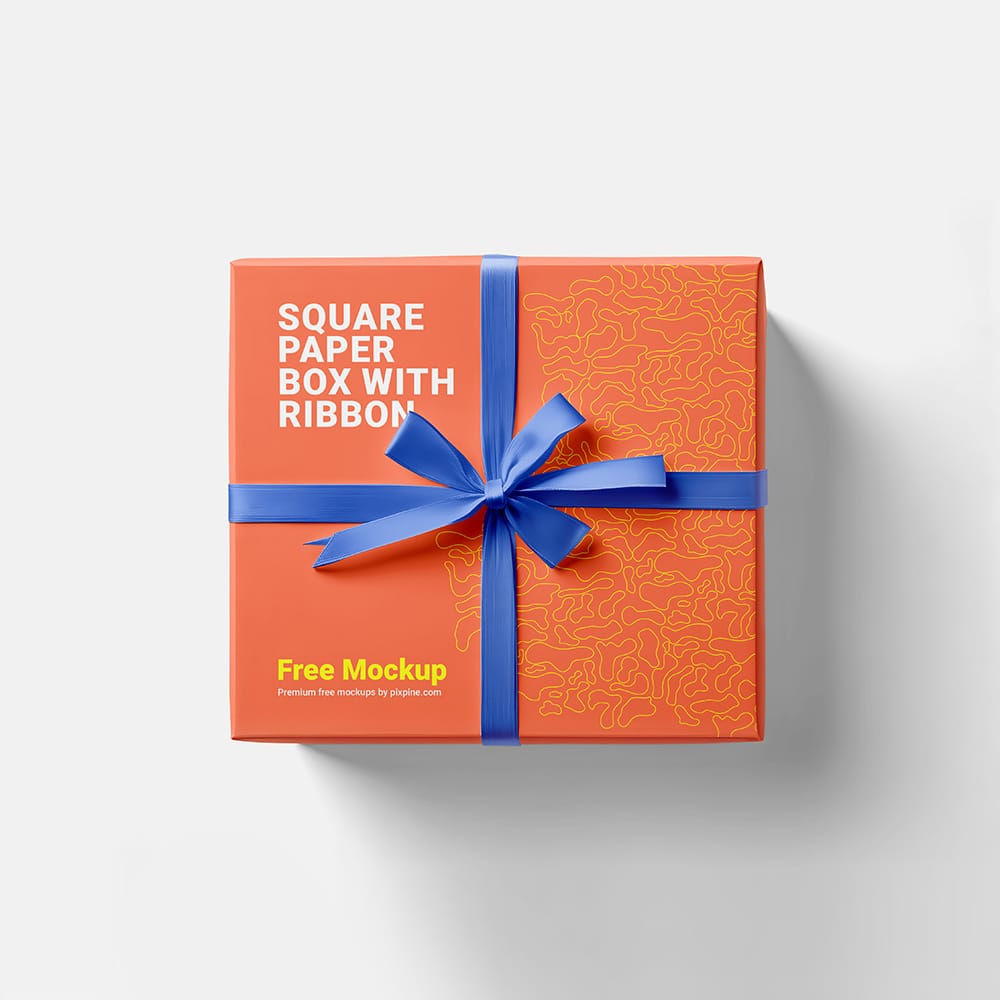 Free Square Paper Box with Ribbon Mockup PSD