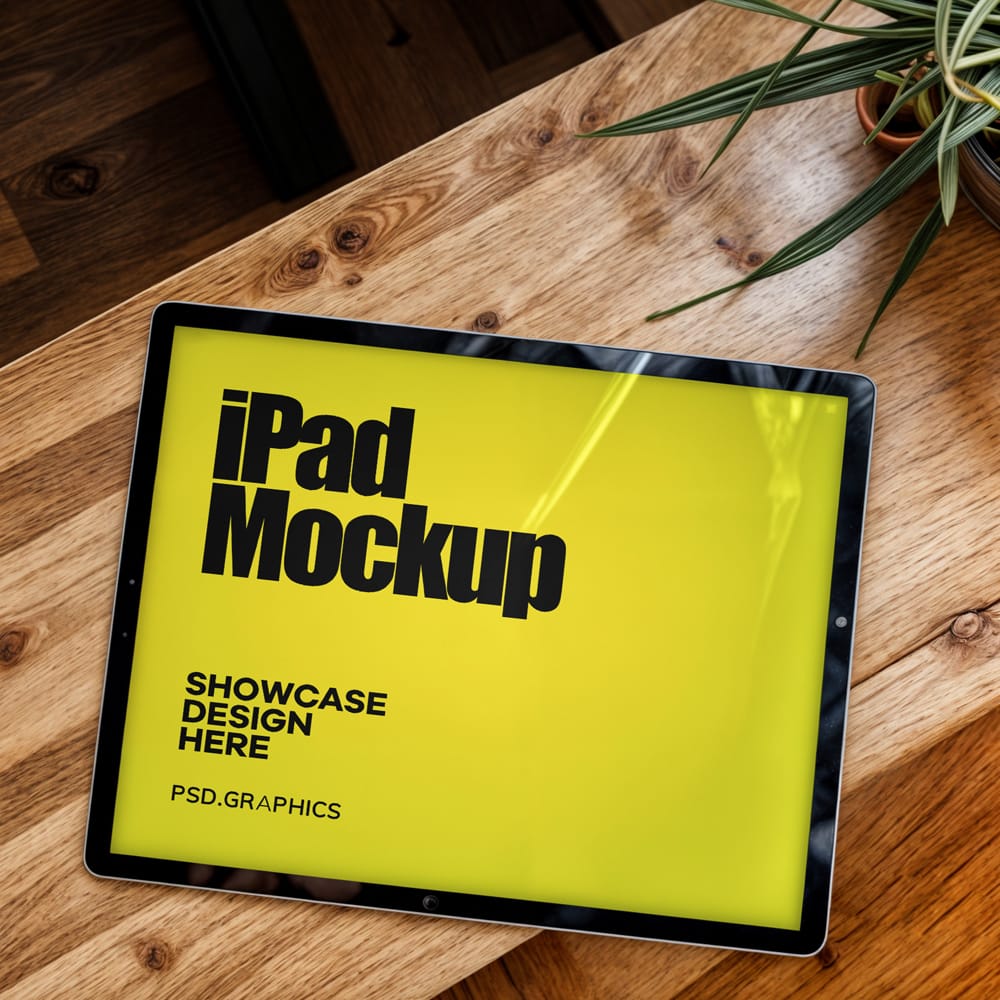 Free iPad on Wooden Table Mockup PSD