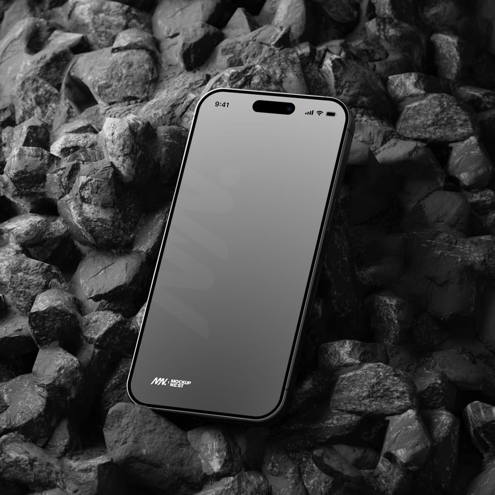 Free iPhone 15 Pro Mockup On Black Stone PSD