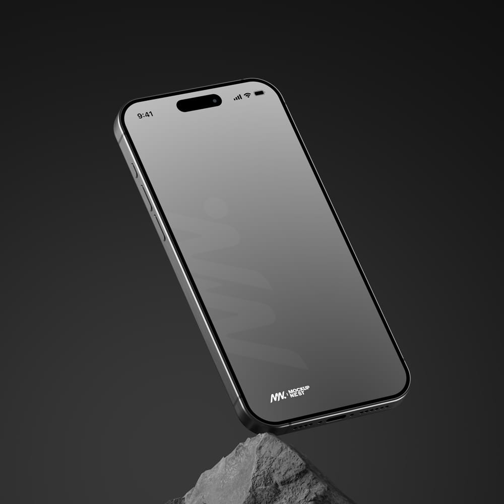 Free iPhone 15 Pro Mockup On Rock PSD