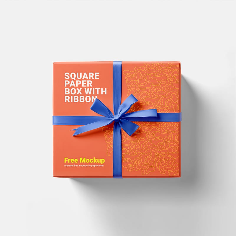 Square Paper Box with Ribbon Mockup PSD