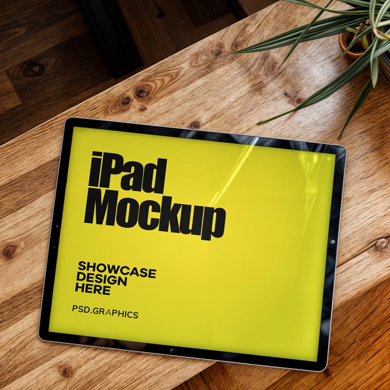 iPad on Wooden Table Mockup PSD