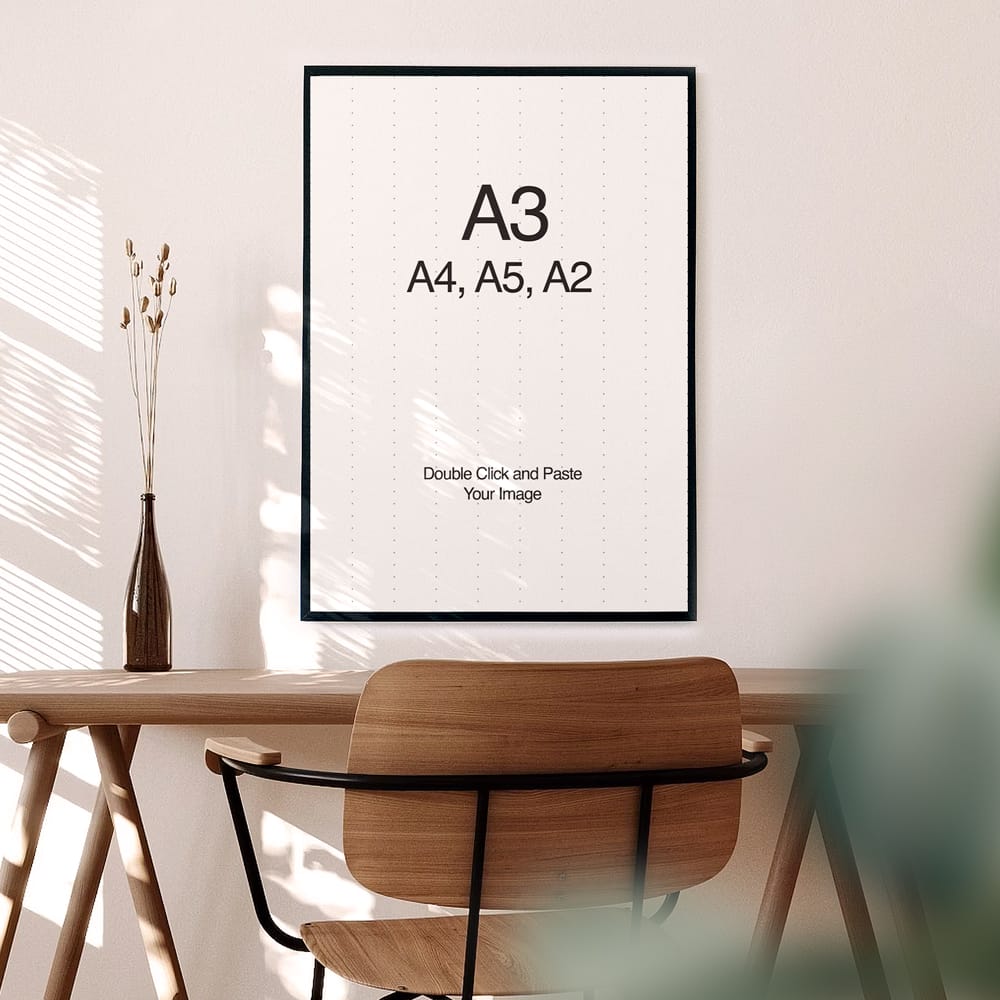 Free A4 Poster Mockup on Wooden Desk PSD