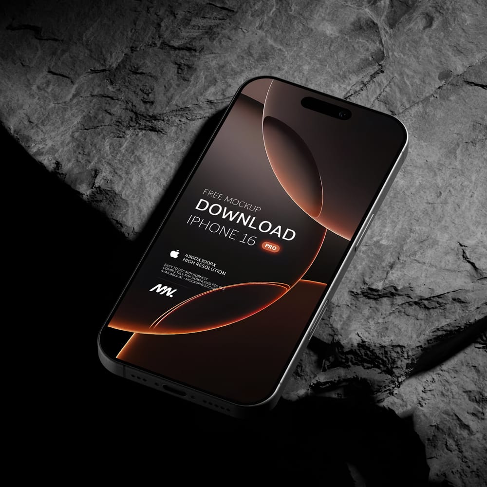 Free Black Titanium iPhone 16 Pro Mockup On Rock PSD